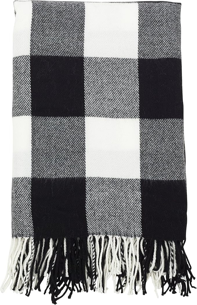 SARO LIFESTYLE Buffalo Plaid Check Tassel Throw Blanket, 50" x 60", Black | Amazon (US)