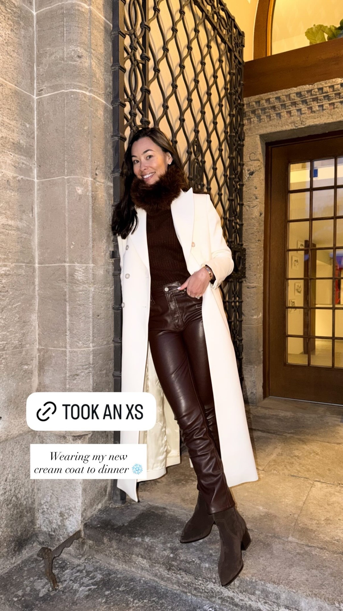 Cream coat, winter outfit, chocolate brown, M Gemi boots, Gap leather pants, ALMADA coat, fur scarf, La Ligne sweater, St. Moritz outfit. 

#LTKTravel #LTKdayinmylife #LTKootd