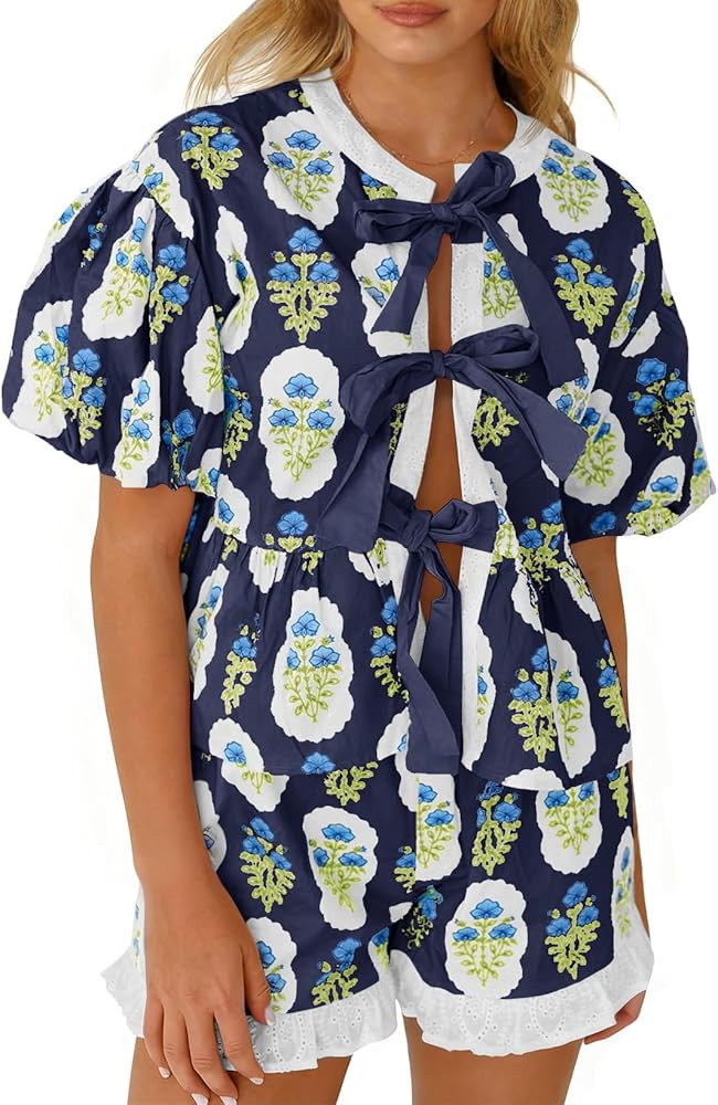 Aoysky Womens Floral 2 Piece Short Sets Summer Vacation Outfits Puff Sleeve Babydoll Blouse Ruffl... | Amazon (US)