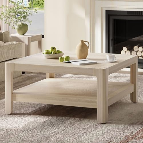 Farmhouse Modern Coffee Table Simple Style Square Cocktail Center Table with Open Shelf for Living Room Furniture, Natural | Amazon (US)