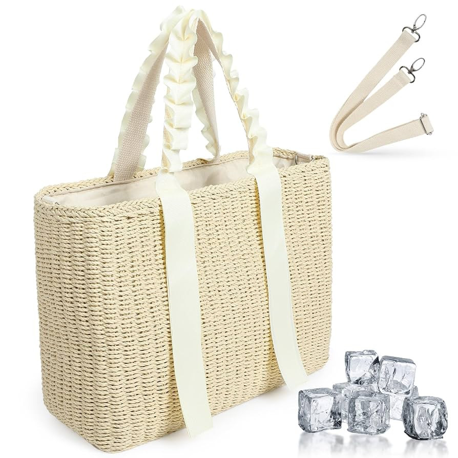 14L Large Insulated Beach Cooler Bag with Removable Liner, Natural Corn Husk Straw Travel Tote fo... | Amazon (US)