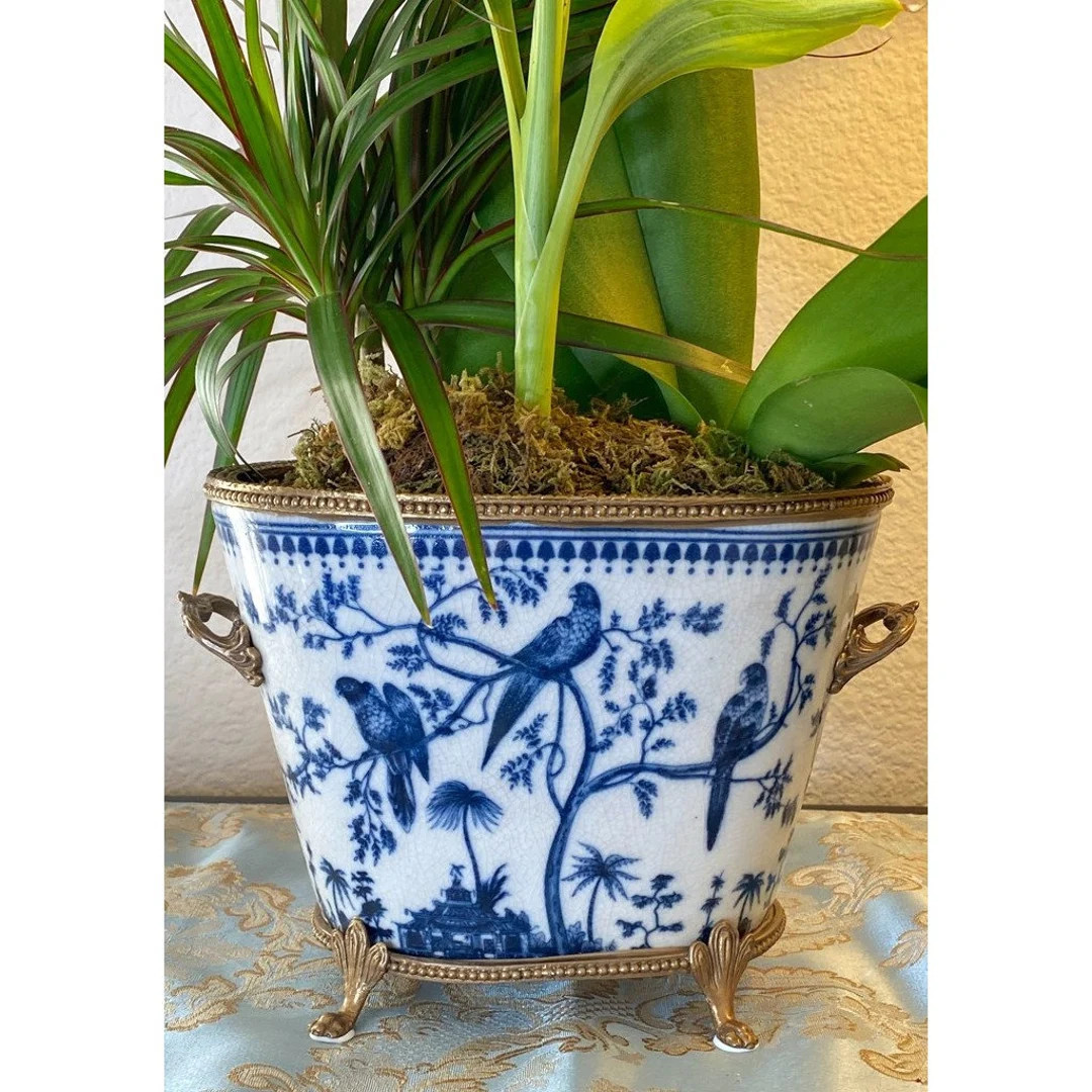Porcelain With Bronze Ormolu Blue and White Birds Motif Planter - Etsy | Etsy (US)