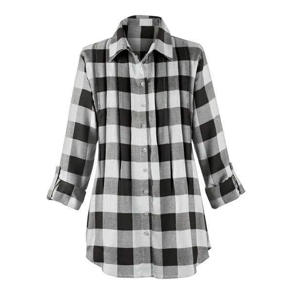 Women's Buffalo Plaid Design Pintuck Tunic Top with Roll-Tab Sleeves and Button Front, White/Blac... | Walmart (US)