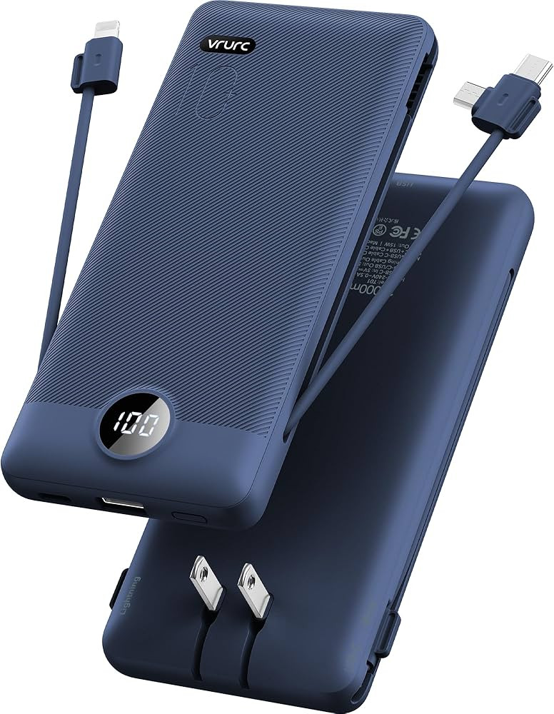 VRURC Portable Charger Built-in Cables and AC Wall Plug, USB C Power Bank 10000mAh, Travel Batter... | Amazon (US)