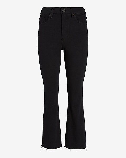 High Waisted Black Raw Hem Cropped Flare Jeans | Express