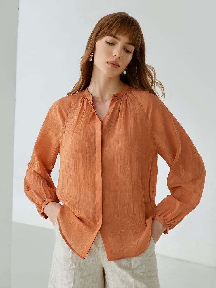 MOTF PREMIUM LINEN BALLOON SLEEVE BLOUSE | SHEIN