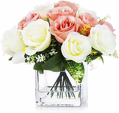 Enova Home 18 Heads Silk Roses Flower Arrangement in Clear Glass Vase with Faux Water for Home Offic | Amazon (US)