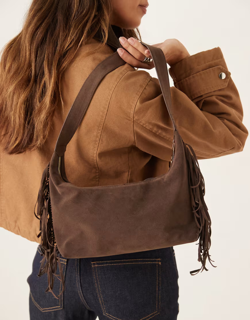 My Accessories faux suede shoulder bag with fringing in brown | ASOS (Global)