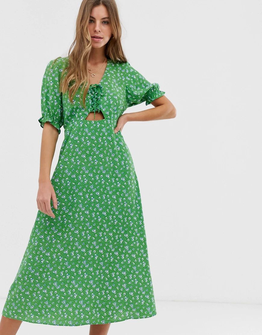 New Look tie front midi dress in green ditsy floral print | ASOS (Global)