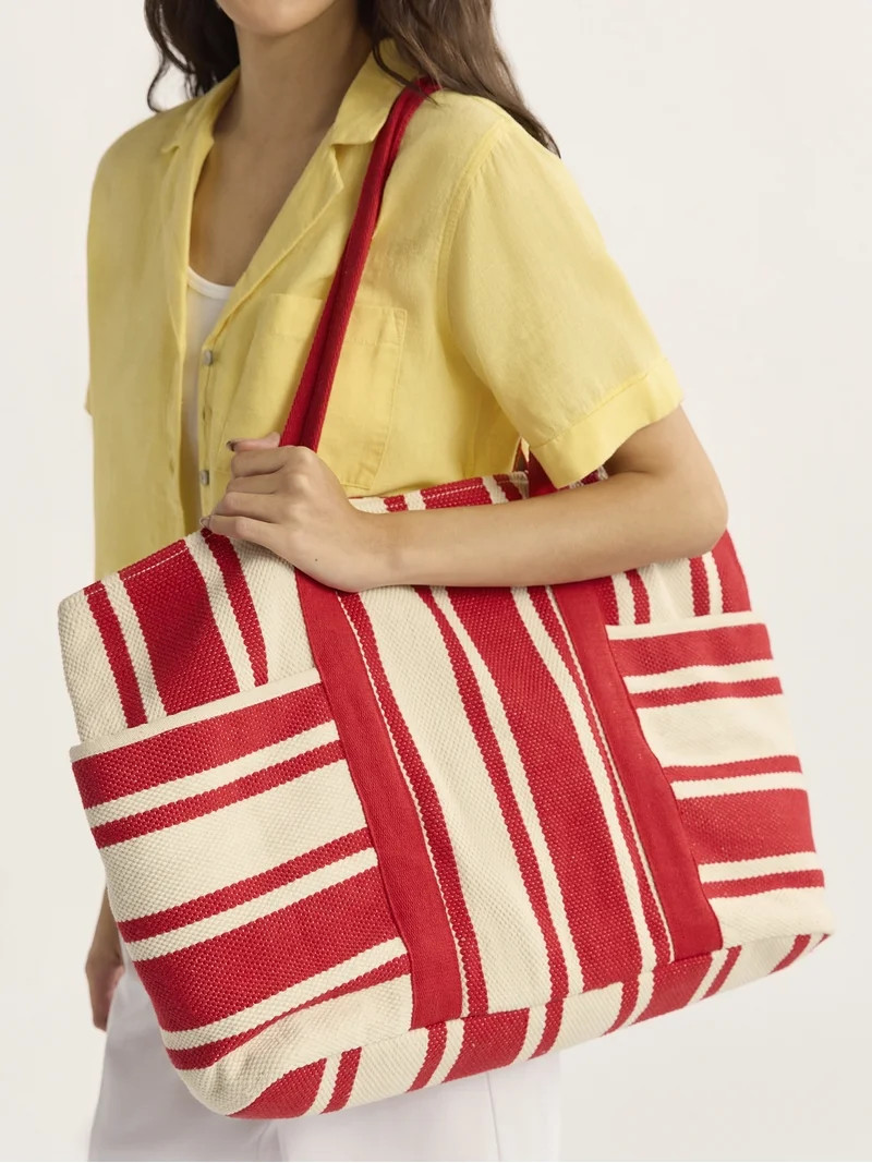 Time and Tru Women's Pocket Tote Handbag and Matching Pouch, Red and White Stripes | Walmart (US)