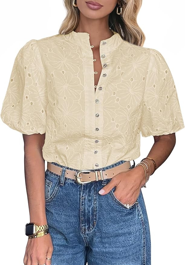 Lazysmile Summer Boho Tops for Women Short Sleeve V Neck Button Down Hollow Out Lace Embroidered ... | Amazon (US)