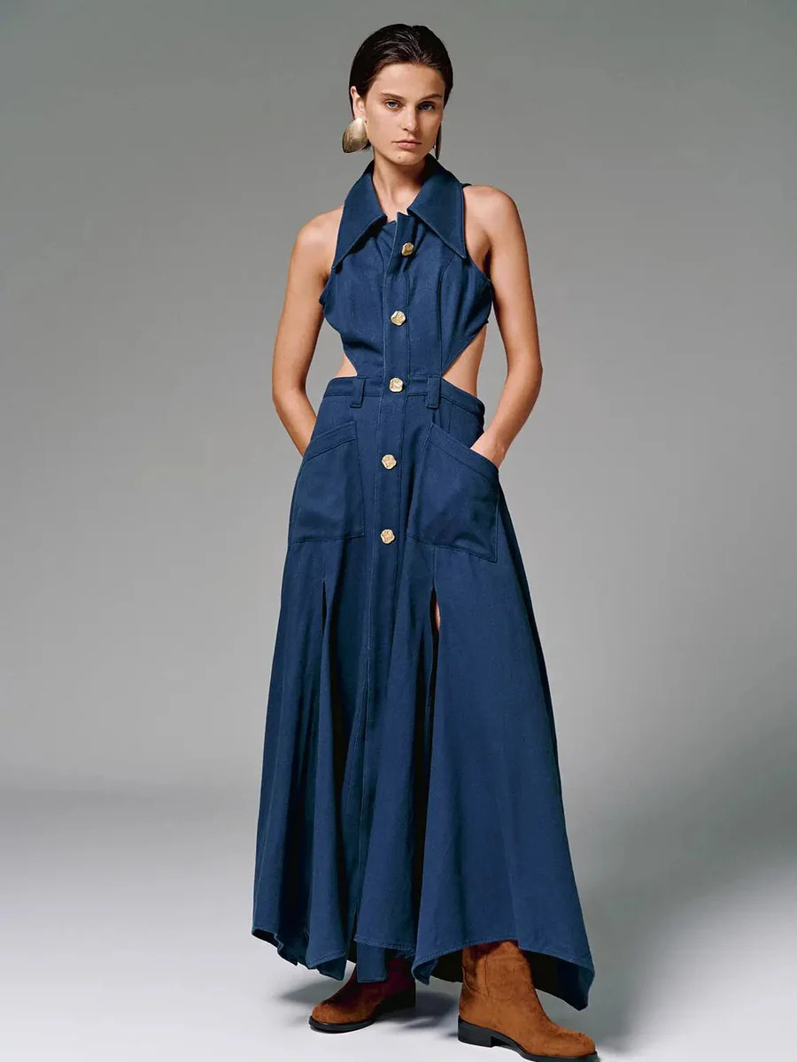 Cotton Cutout Sleeveless Navy Maxi Dress | Urban Revivo