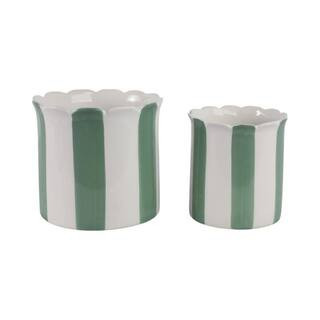 6 in. and 8 in. White/Green Ceramic Circle Striped Scallop Edge Decorative Planters (Set of 2) | The Home Depot
