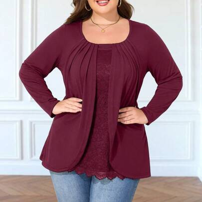 Plus Size Women Solid Color Pleated Round Neck Lace Patchwork Long Sleeve T-Shirt, Autumn | SHEIN