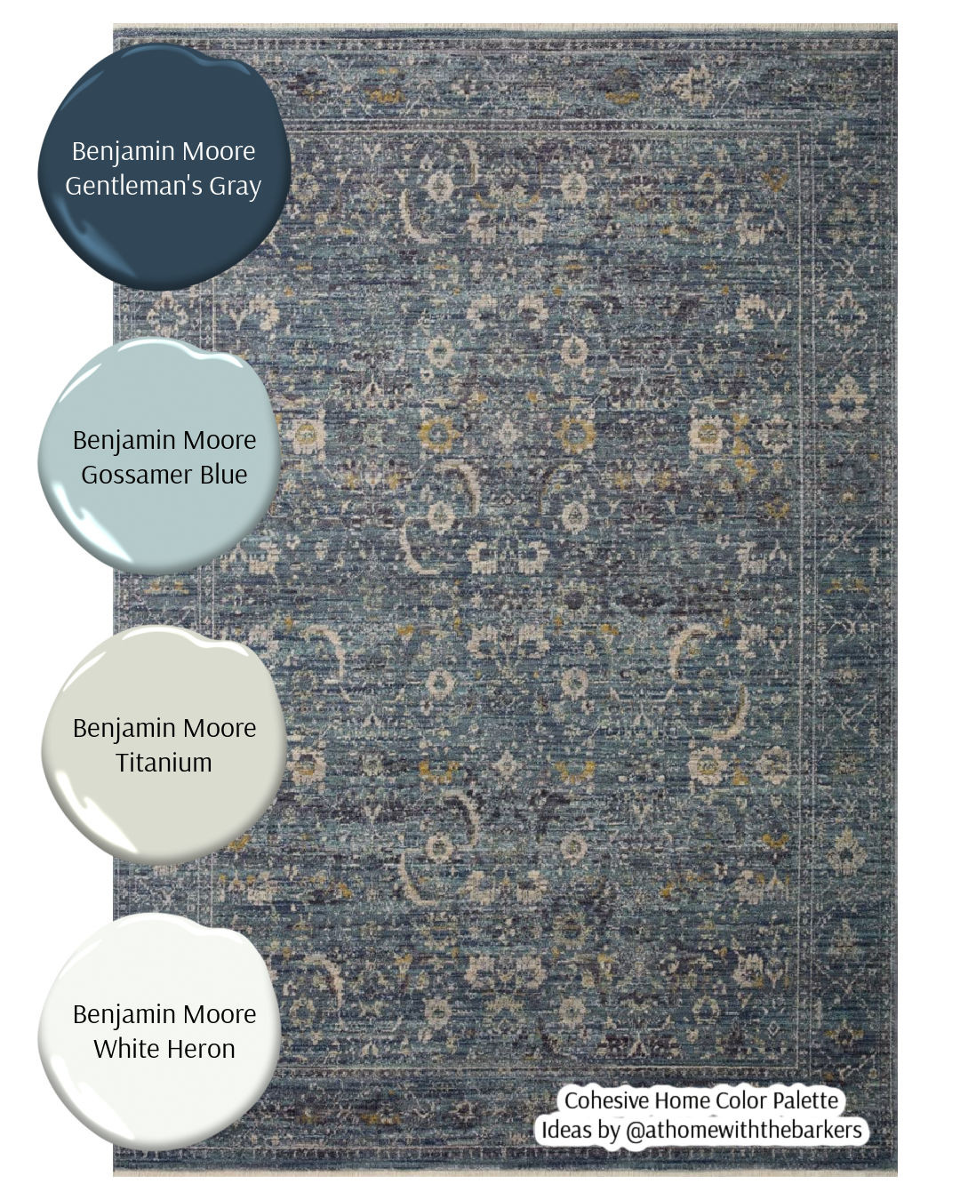 The touch of gold in the rug could work in your color palette as pine wood or gold finished on your hardware or lights. Benjamin Moore Gentleman's Gray, Gossamer Blue, Titanium, and White Heron rug color palette. See less
 

 #LTKHome #LTKSaleAlert