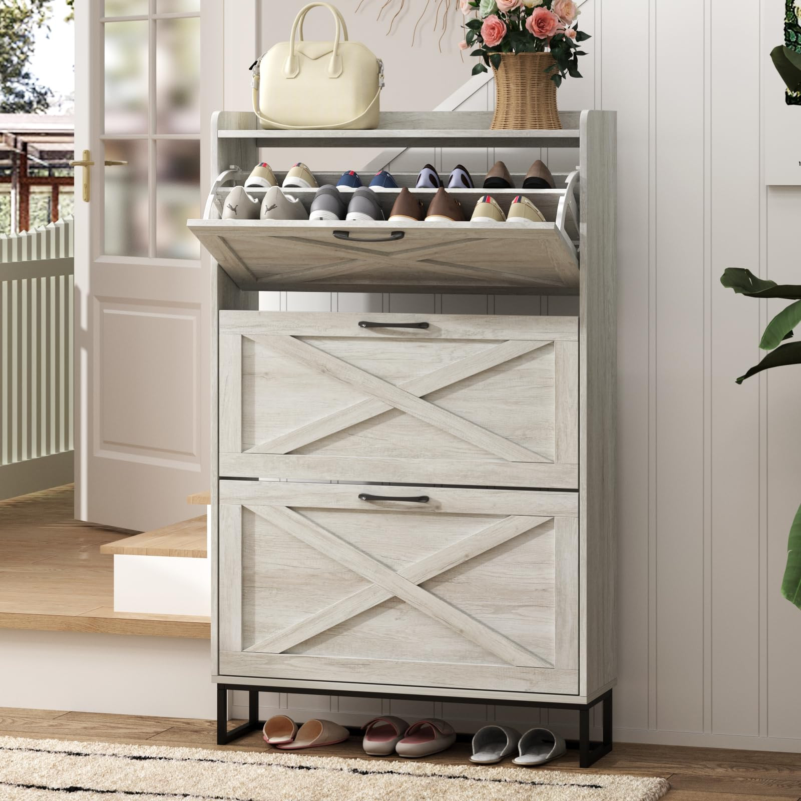 Maupvit Shoe Storage Cabinet with 3 Rattan Flip Drawers, Freestanding Organizer with Metal Legs f... | Amazon (US)