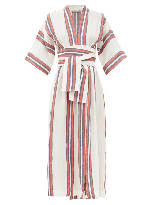 Three Graces London - Charita V-neck Striped Linen Wrap Dress - Womens - Red Stripe | Matches (US)