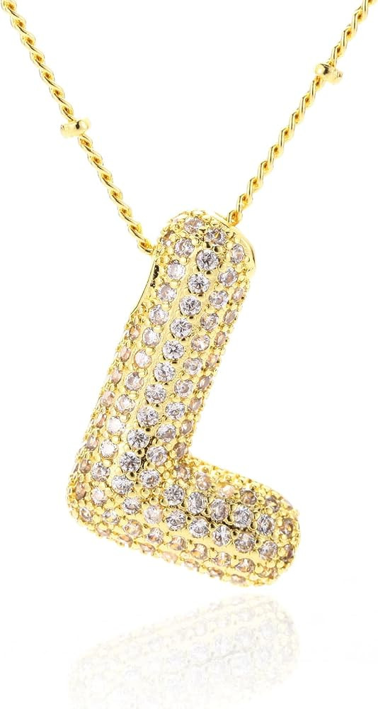 Bubble Letter Necklace Gold, Iced Out Balloons Initial Necklaces for Women Gold Statement Jewelry... | Amazon (US)