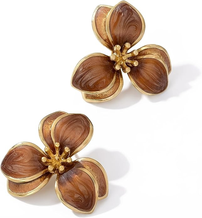 Large Brown Earrings For Women Vintage Gold Tone Statement Accessories Earthy Chunky Floral Studs... | Amazon (US)