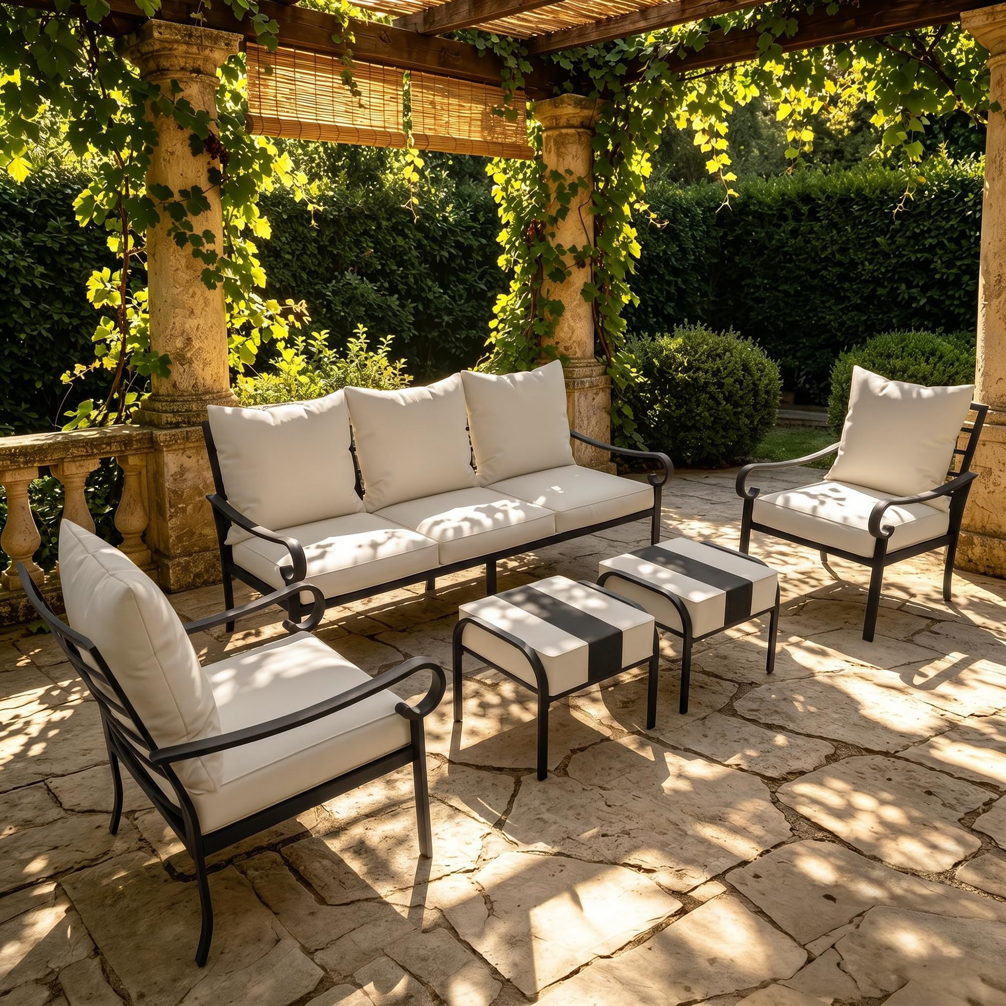 5 Piece Patio Furniture Set, Metal Patio Conversation Set with 1x3 Seater Sofa & 2xFixed Chairs & 2xOttomans, 5.75'' Extra Thick Cushion for Lawn Garden Backyard, Beige | Amazon (US)