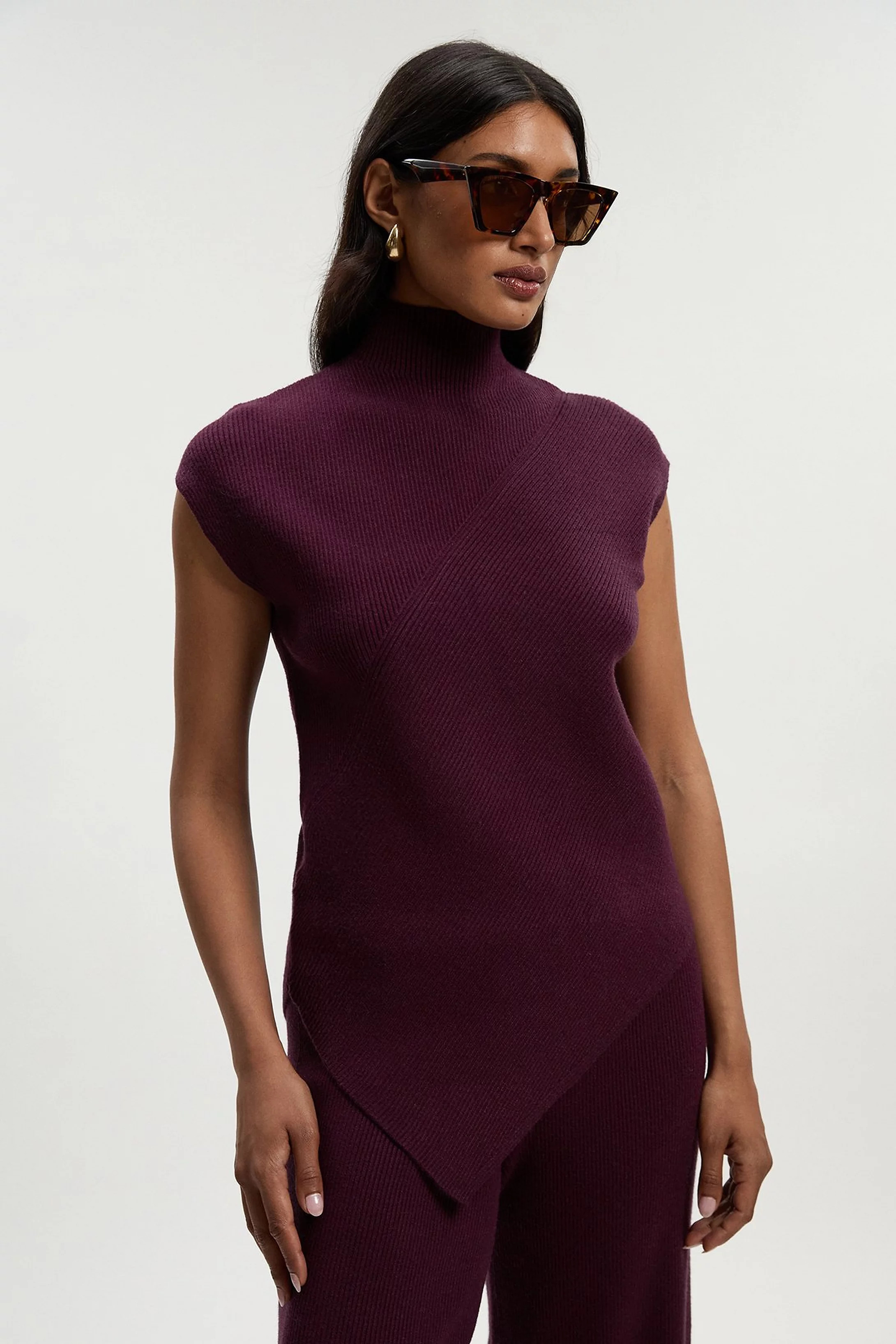 Soft Ribbed Asymmetric Hem Knitted Top | Karen Millen UK + IE + DE + NL