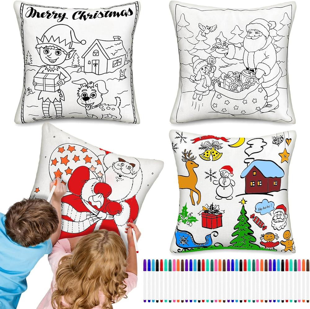 Buryeah 4 Pcs Christmas Coloring Pillow Case Set Operation Christmas Pillow Covers with 4 Set Fab... | Amazon (US)