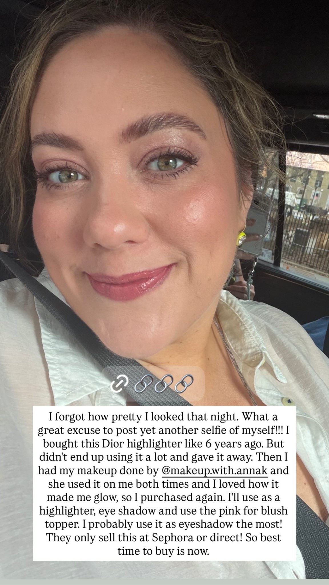 I forgot how pretty I looked that night. What a great excuse to post yet another selfie of myself!!! I bought this Dior highlighter like 6 years ago. But didn't end up using it a lot and gave it away. Then I had my makeup done by @makeup.with.annak and she used it on me both times and I loved how it made me glow, so I purchased again. I'll use as a highlighter, eye shadow and use the pink for blush topper. I probably use it as eyeshadow the most! They only sell this at Sephora or direct! So best time to buy is now.

#LTKSaleAlert #LTKBeauty #LTKgrwm