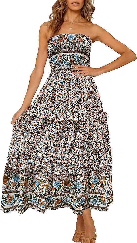 ZESICA Women's Summer Bohemian Floral Printed Strapless Beach Party Long Maxi Dress | Amazon (US)