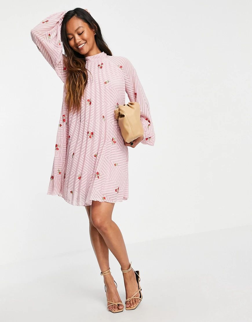 ASOS DESIGN pleated trapeze mini dress with all over embroidery in pink | ASOS (Global)