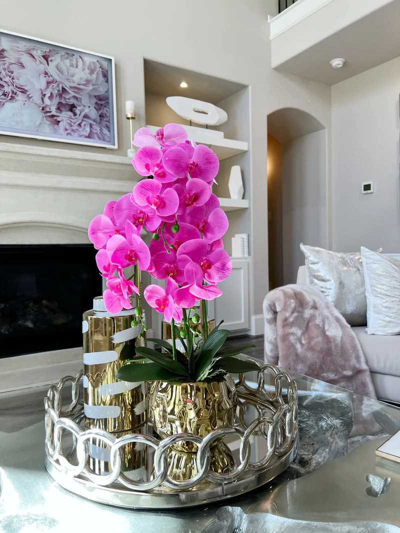 Pink Faux Orchid in Beveled Gold Pot "From Pops of Color Home Collection" | Inspire Me! Home Decor