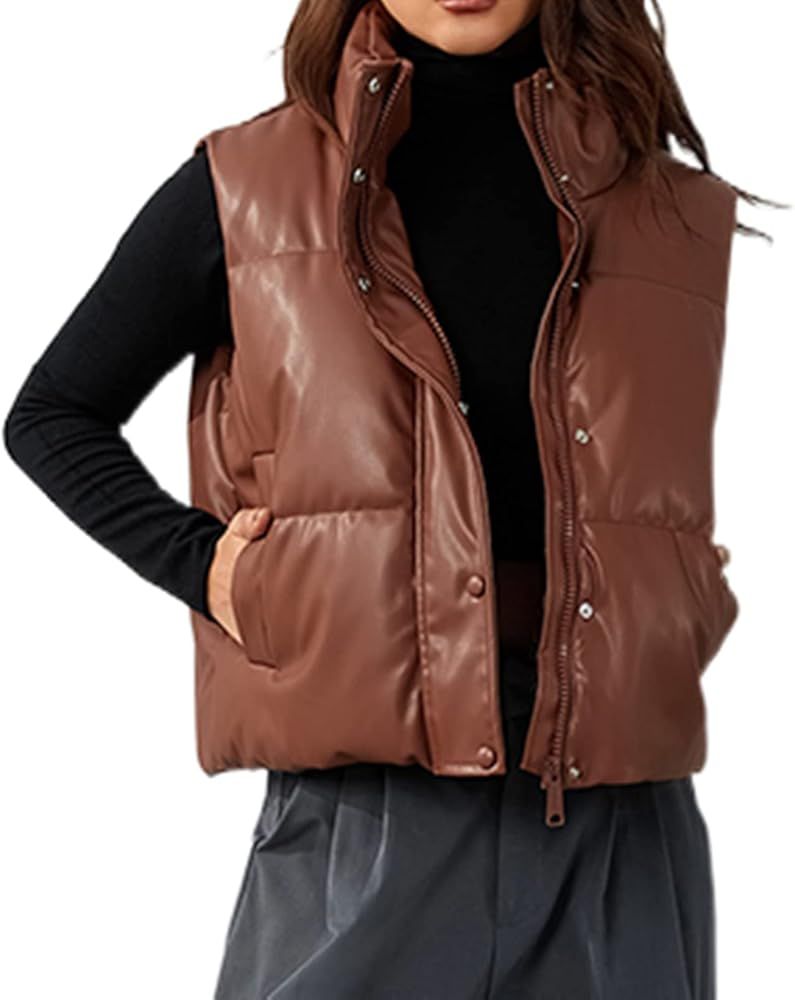 Women‘s Faux Leather Puffer Vest Cropped lightweight Down Jacket Sleeveless Stand Collar Padded Wint | Amazon (US)