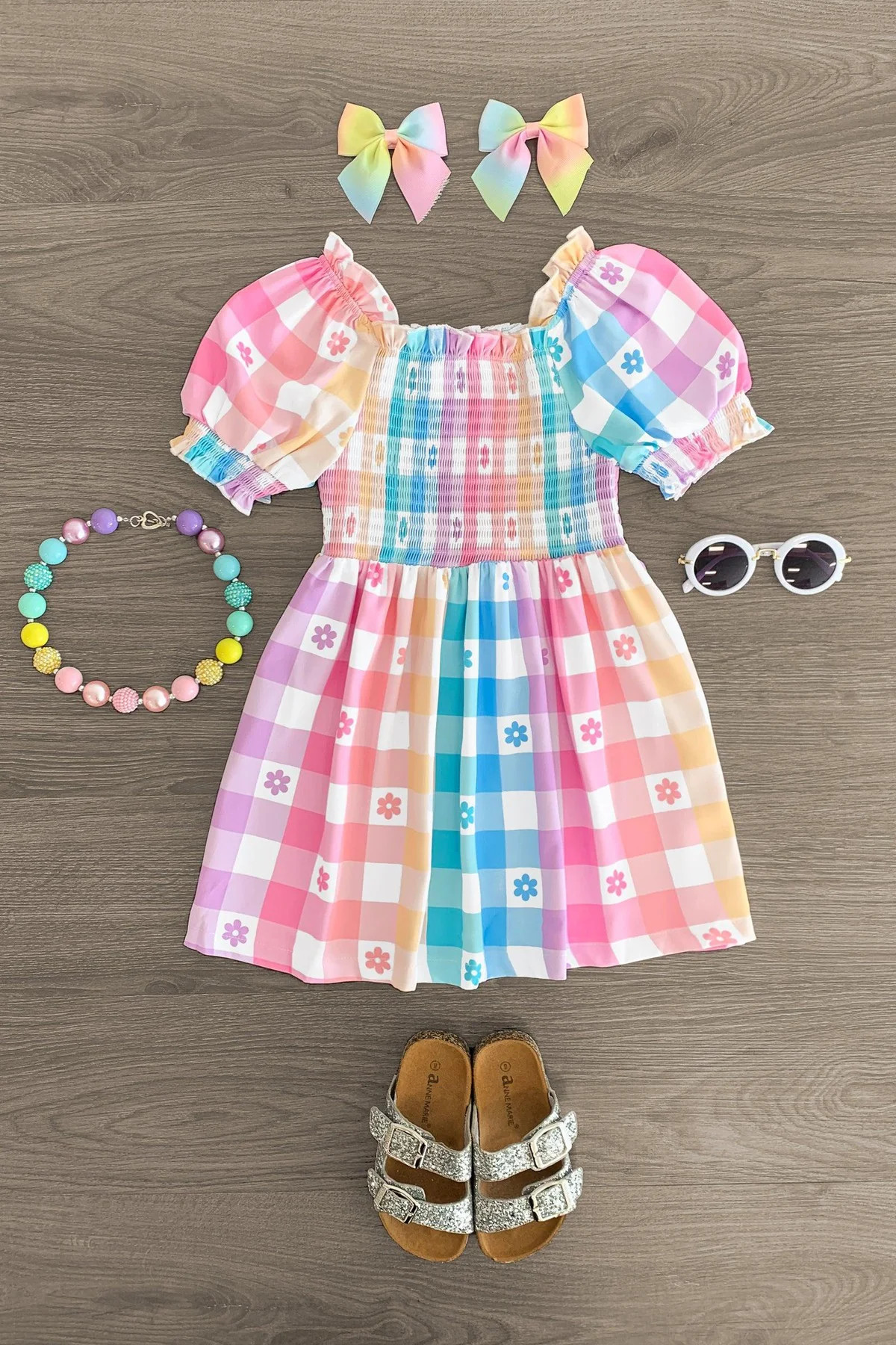 Pastel Rainbow Gingham Flower Dress | Sparkle In Pink
