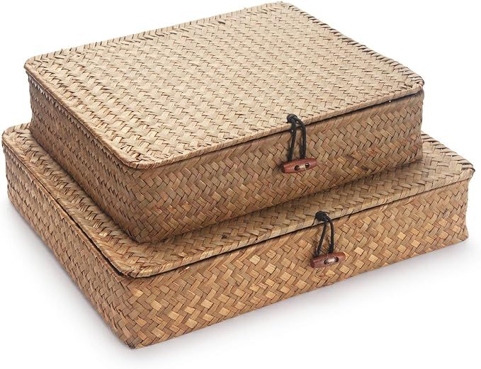 Seagrass Storage Basket Box with Lid Rectangular Woven Shelf Baskets Bins for Organize Snack Toys... | Amazon (US)