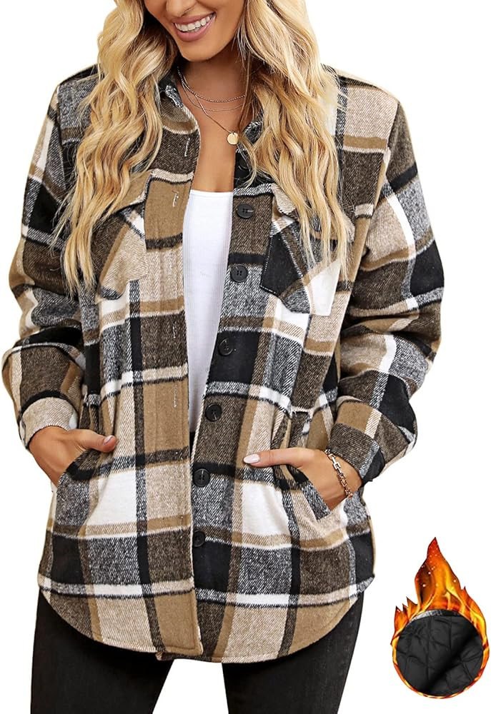 luvamia Plaid Jackets for Women Flannel Quilted Shacket Coats Oversized Button Down Shirts Jacket | Amazon (US)