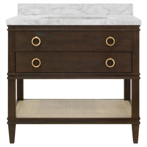 Worlds Away Cutler French Country White Marble Cane Dark Brown Oak Vanity Sink - 37" | Kathy Kuo Home