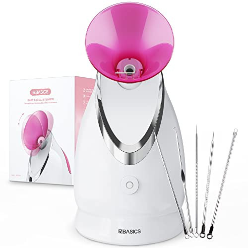 EZBASICS Facial Steamer Ionic Face Steamer for Home Facial, Warm Mist Humidifier Atomizer for Face Sauna Spa Sinuses Moisturizing, Unclogs Pores, 1 Pack + 5 Stainless Steel Skin Kit Pink | Amazon (US)