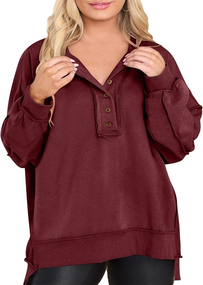 Eytino Women's Plus Size Sweatshirts Button Henley Neck Casual Long Sleeve Oversized Pullover Top... | Amazon (US)