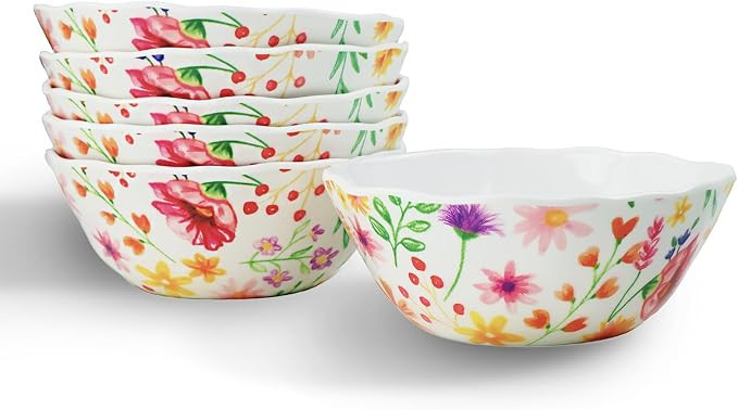 Floral Wavy Edge Textured Melamine Cereal Bowls Set of 6, 6.3 Inch, 26 oz, Lightweight ... | Amazon (US)