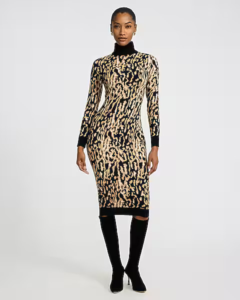 Leopard Turtleneck Long Sleeve Midi Sweater Dress | Express