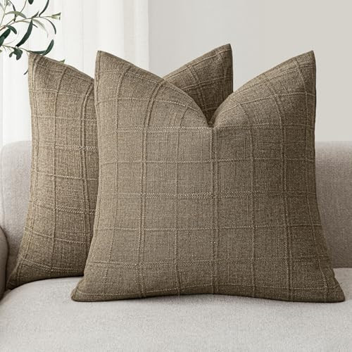 Foindtower Set of 2 Decorative Linen Check Throw Pillow Covers Neutral Farmhouse Vintage Cushion Covers Modern Boho Home Decor for Sofa Chair Couch Bedroom Living Room,22×22 Inch,Light Brown | Amazon (US)