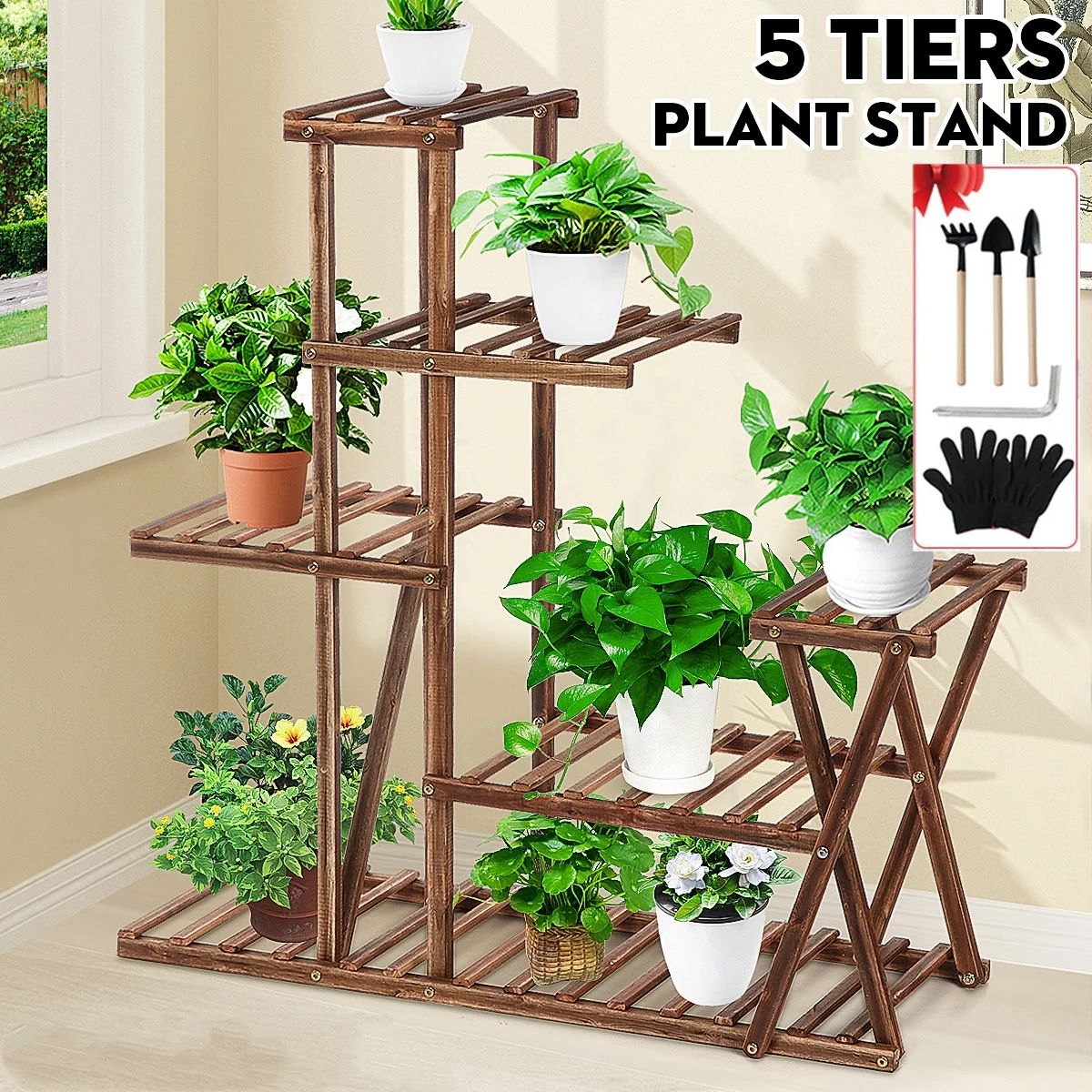 5-Tier 12 Pots Wooden Plant Flower Display Stand Wood Shelf Indoors & Outdoors Storage Rack Rack ... | Walmart (US)