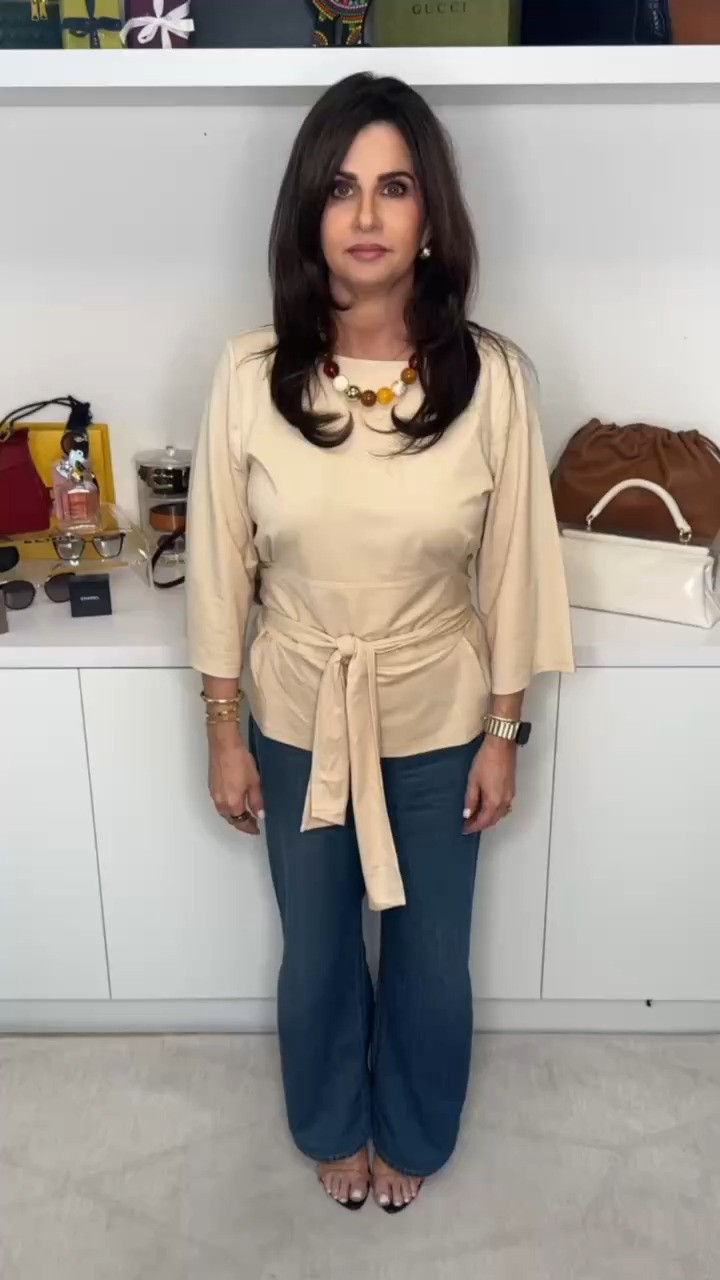 Waist Belted Blouse with Trumpet Sleeve Loose Fit Tunic 

 #LTKgrwm #LTKootd #LTKOver40