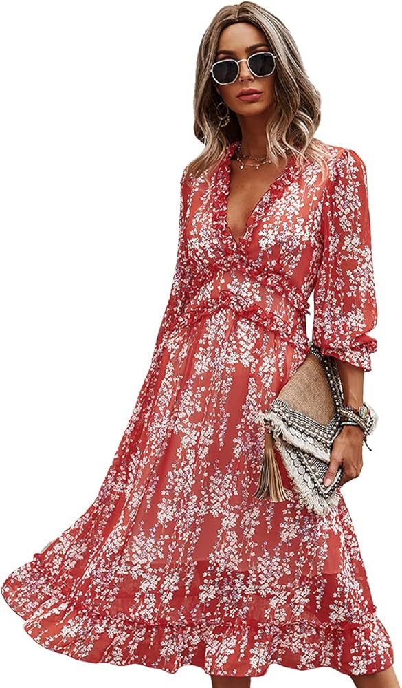 MOPOOGOSS Womens Fall Spring Summer Sexy V Neck Ruffle Long Sleeve Short Sleeve Floral Print A Line  | Amazon (US)