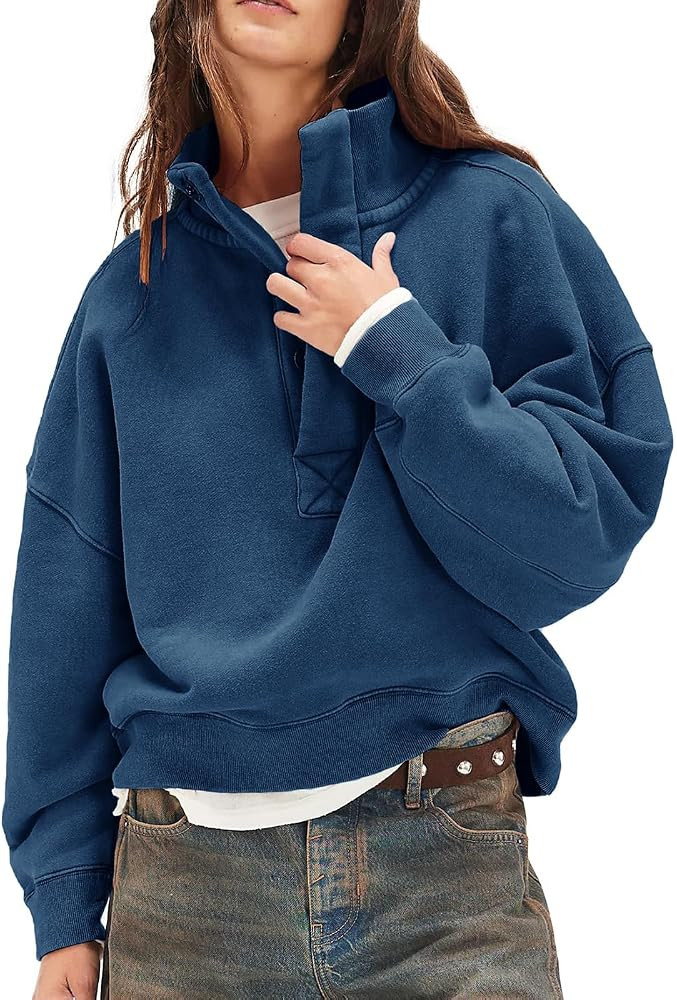 Sweatshirt for Women Long Sleeve 1/4 Button Mock Neck Pullover Tops Casual Outfits Top | Amazon (US)