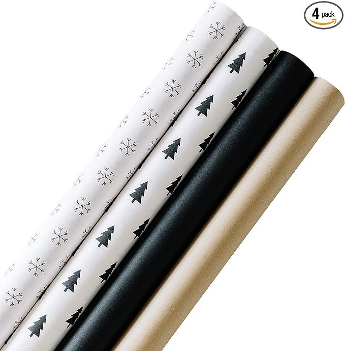 Holiday Kraft Wrapping Paper Set (4 Rolls, 120 sq. ft. Total) Black, White, Brown, Christmas Tree... | Amazon (US)