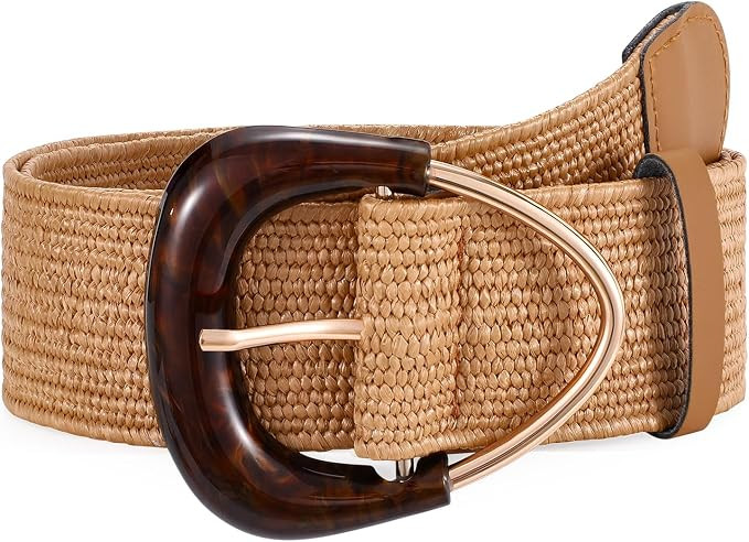 JASGOOD Straw Woven Elastic Waist Belt for Dresses Women Wide Boho Stretch Rattan Belt with Trian... | Amazon (US)