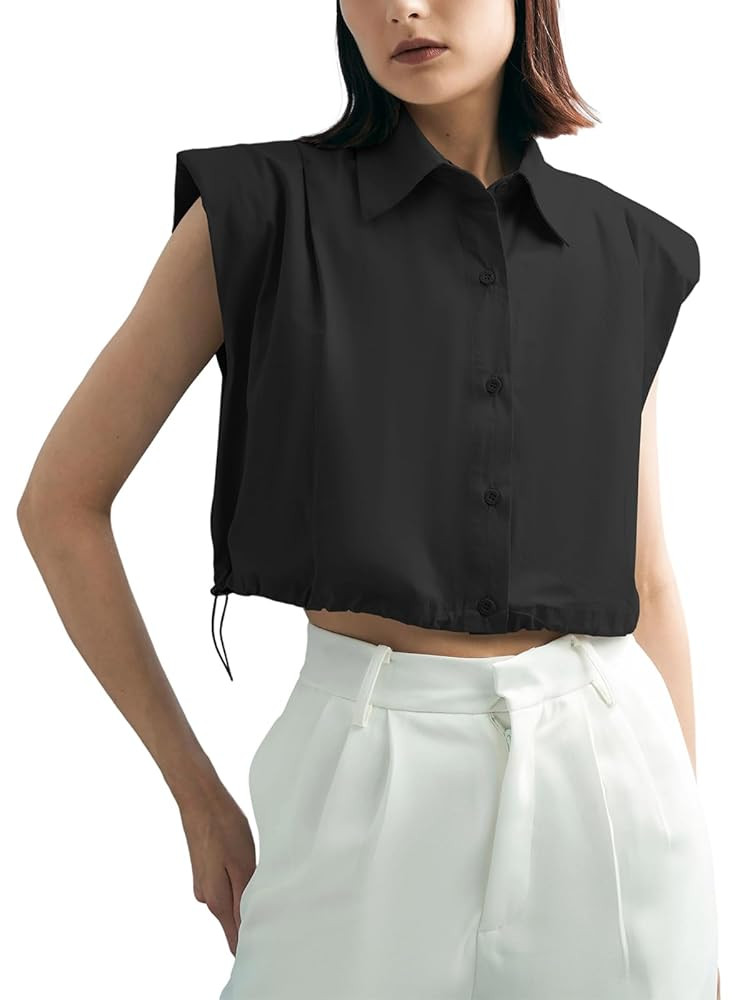 Tankaneo Womens Sleeveless Button Down Shirts Casual Loose V Neck Pad Shoulder Crop Tank Top | Amazon (US)