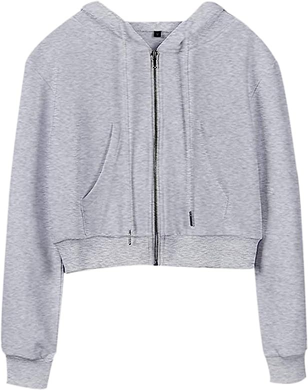 Bianstore Women's Casual Workout Long Sleeve Cropped Zip Up Hooded Hoodies Sweatshirts | Amazon (US)