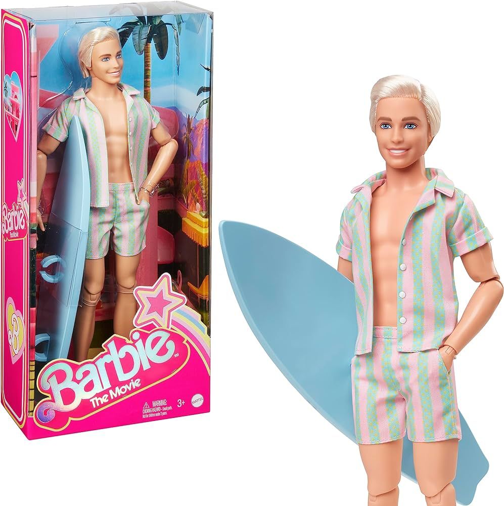 Barbie The Movie Ken Doll Wearing Pastel Pink and Green Striped Beach Matching Set with Surfboard... | Amazon (US)