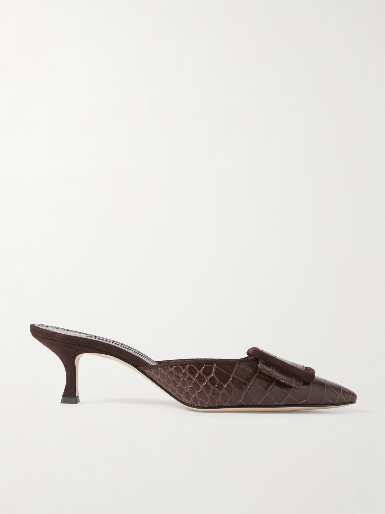 Manolo Blahnik - Maysalebi 50 Suede-trimmed Croc-effect Leather Mules - Brown | NET-A-PORTER (US)